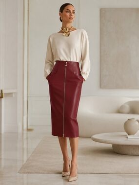 $400orig Designer Patrizia Pepe💋Maroon Front-Zip Faux-Leather Pencil Skirt Sz44